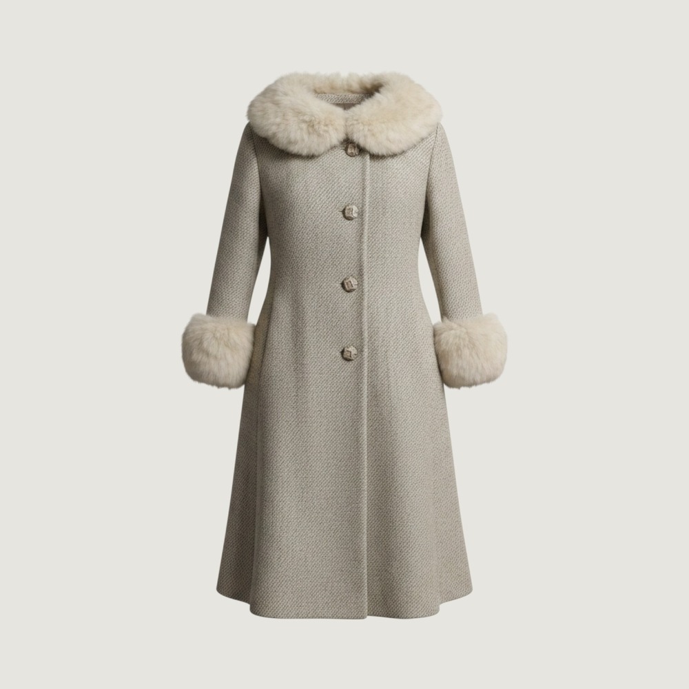 Vintage Nobbson Fort Wayne Tweed Coat Faux Fur Collar Cuffs Tan Beige Longline